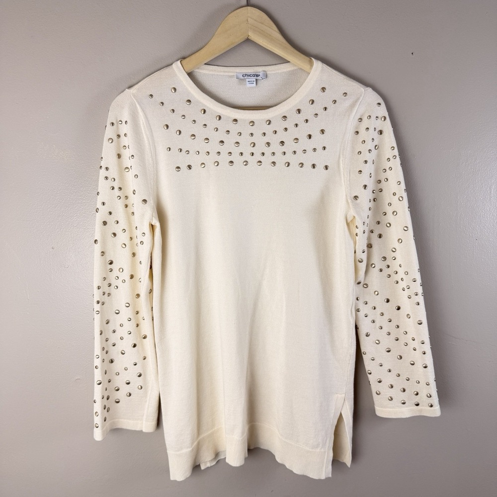 Chicos‎ Studded Sweater Womens 0 S Cream Embellished Knit Top Casual Career Chic